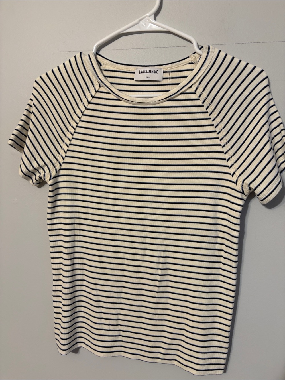 LNA Clothing Cream and Black/blue Striped Short-Sleeve Tee. Small.